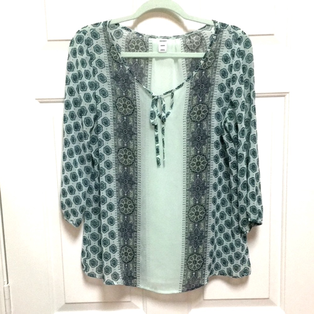 Old Navy Boho Teal & Blue Sheer Peasant Blouse with 3/4 Length Sleeves Size M